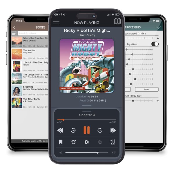 Download fo free audiobook Ricky Ricotta's Mighty Robot vs. the Naughty Nightcrawlers from Neptune by Dav Pilkey and listen anywhere on your iOS devices in the ListenBook app.