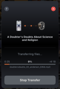 iPhone transfer progress screen — filename, speed (KB/s), percentage, and time remaining