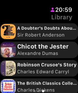 Watch library screen in Local mode — list of downloaded books with Play / Delete options