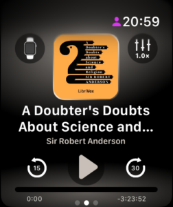 Watch player screen in Local mode — Watch icon in top-left, book cover, title, progress bar, controls
