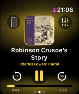 Watch player screen in Remote mode — phone icon in top-left corner, book cover, title, progress bar, playback controls